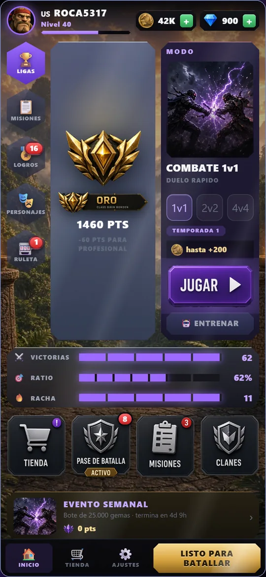 Menu principal con el personaje, la liga, las estadisticas y los accesos a tienda, pase de batalla, misiones y clanes.