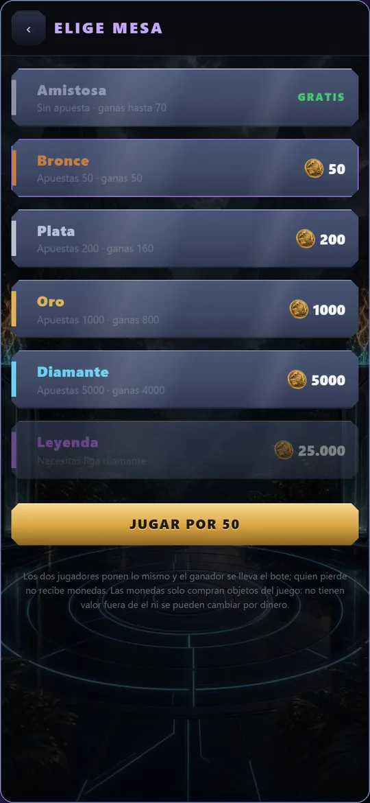 Pantalla de eleccion de mesa con las seis apuestas listadas, de Amistosa gratis a Leyenda por 25.000 monedas.
