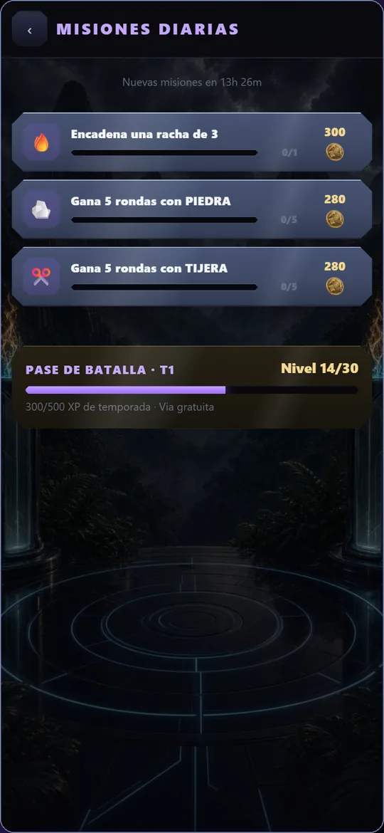 Pantalla de misiones diarias con tres objetivos del dia y la barra del pase de batalla.