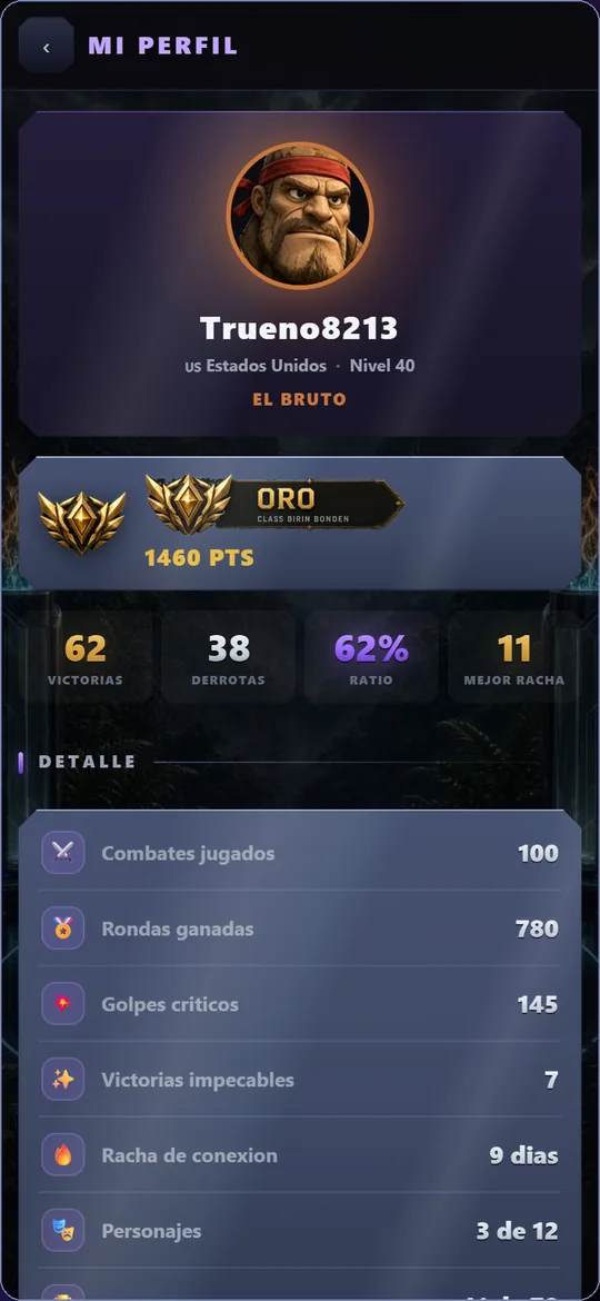 Ficha de jugador con avatar, liga, victorias, derrotas, ratio, mejor racha y estadisticas detalladas.