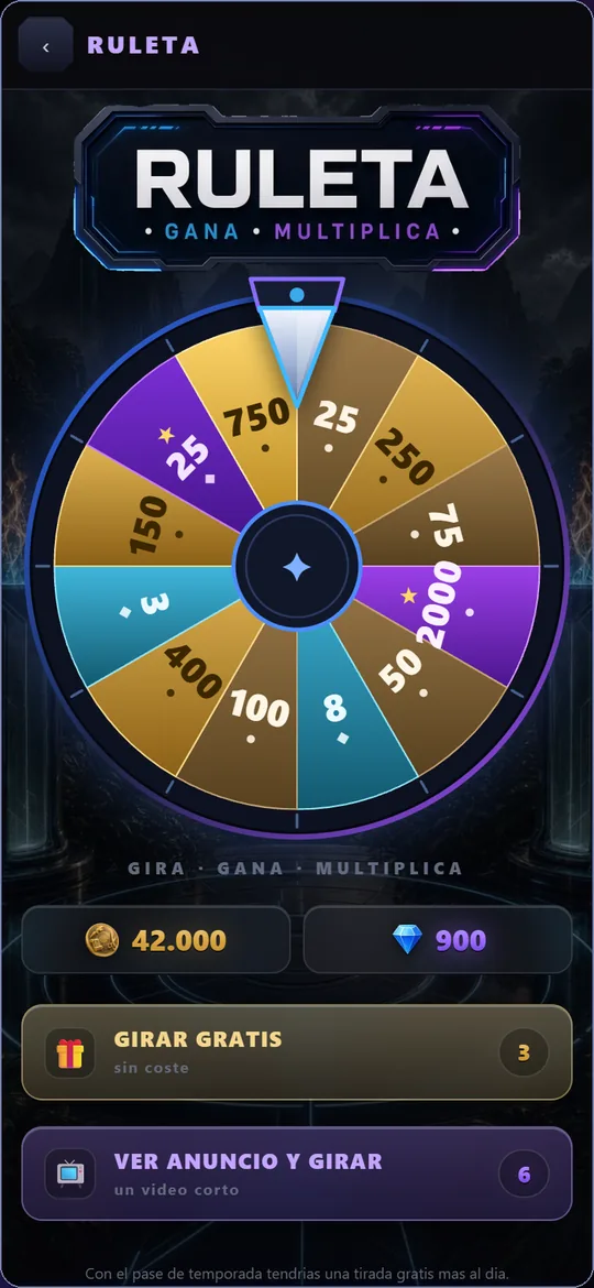 Pantalla de la ruleta diaria con premios en monedas y gemas y el boton de girar gratis.