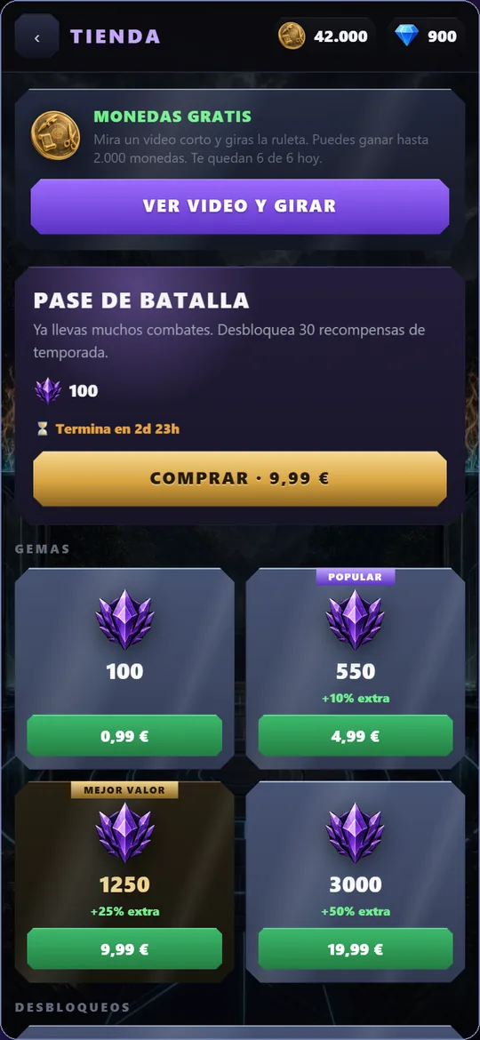 Tienda con monedas gratis por video, el pase de batalla y los paquetes de gemas con su precio a la vista.